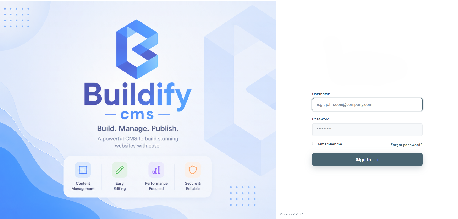 Buildify CMS administration dashboard